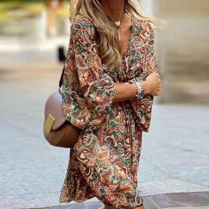 Women's Mini Dress – Bohemian Style – V-neck – Flare Sleeves – Loose Fit – Paisley Pattern