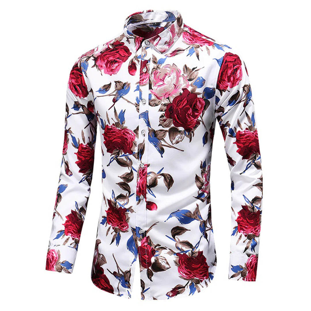 Herreskjorte - Blomstrete Design - Langermet - Klassisk Krage - Knappelukking