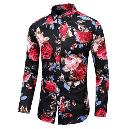 Herreskjorte - Blomstrete Design - Langermet - Klassisk Krage - Knappelukking
