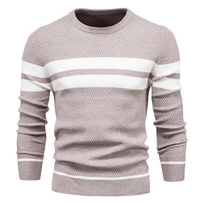 Men's Sweater – Slim Fit – Knitted Cotton – Ribbed Knit – Geometric Pattern – Round Neck
