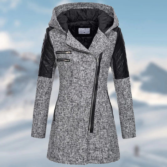 Women's Coat – Tailored Fit – Wool Blend – Quilted Panels – Hood – Zipper Details
