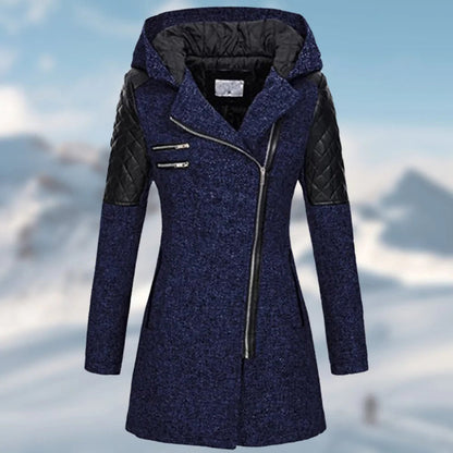 Women's Coat – Tailored Fit – Wool Blend – Quilted Panels – Hood – Zipper Details