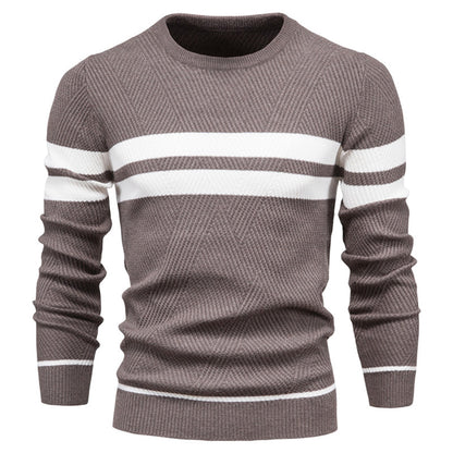 Men's Sweater – Slim Fit – Knitted Cotton – Ribbed Knit – Geometric Pattern – Round Neck