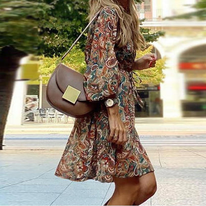 Women's Mini Dress – Bohemian Style – V-neck – Flare Sleeves – Loose Fit – Paisley Pattern