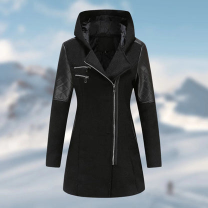 Women's Coat – Tailored Fit – Wool Blend – Quilted Panels – Hood – Zipper Details