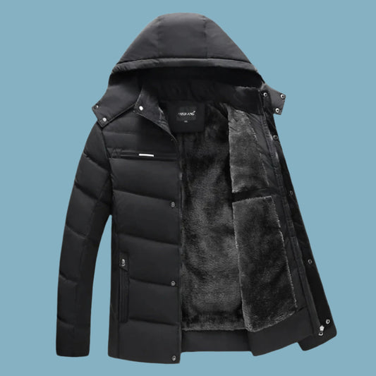 Men's Jacket – Padded – Windproof – Faux Fur Lined – Hood – Zipper and Snap Button