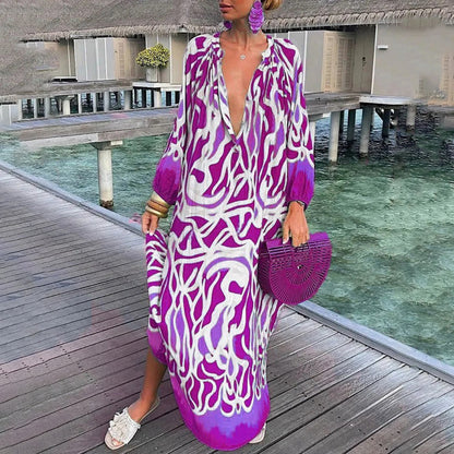 Women's Caftan – Loose Fit – Deep V-neck – Long Sleeves – Light and Elegant