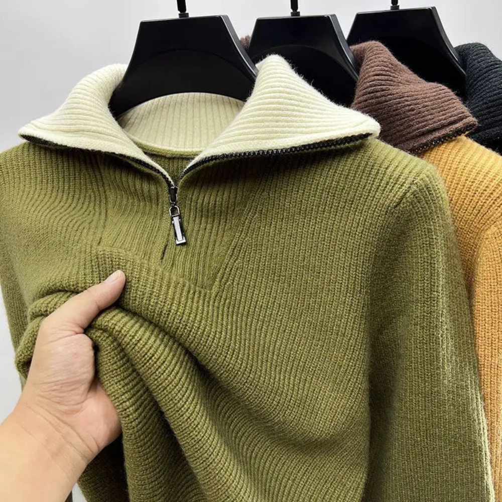Men's Sweater – Relaxed Fit – Ribbed Knit Wool – High Neck with Zipper
