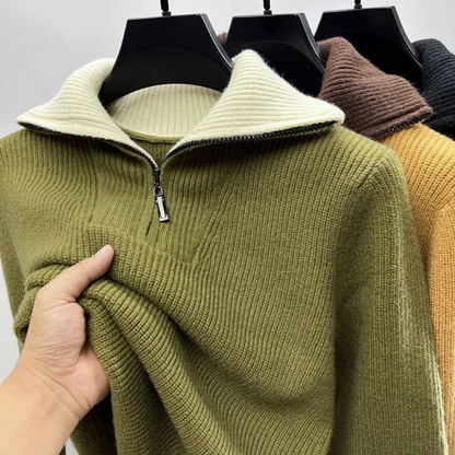 Men's Sweater – Relaxed Fit – Ribbed Knit Wool – High Neck with Zipper