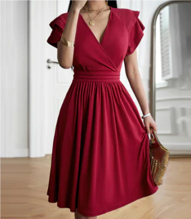 Dress women midi – wrap top – airy sleeves – wide A-line fit
