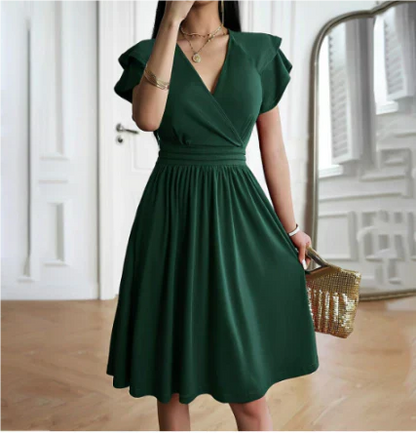 Dress women midi – wrap top – airy sleeves – wide A-line fit