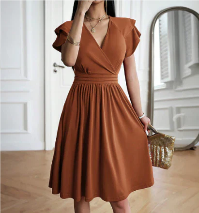 Dress women midi – wrap top – airy sleeves – wide A-line fit