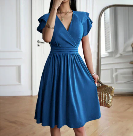 Dress women midi – wrap top – airy sleeves – wide A-line fit