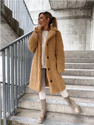 Women's Long Coat – Plush Texture – Relaxed Fit – Full Length – Button Closure