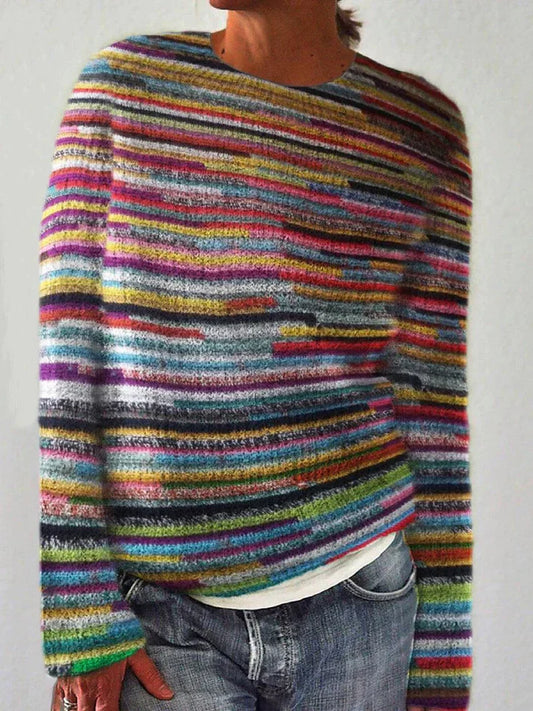 Women's Sweater – Wool Knit – Relaxed Fit – Long-Sleeved Striped Casual Garment