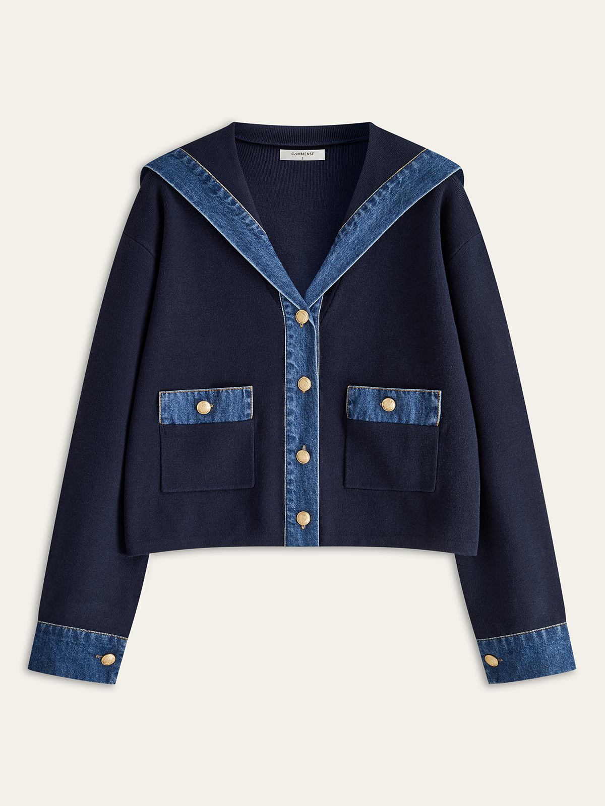 Anna Cropped Knit Jacket | Sailor Collar, Denim Trim Knit Jacket