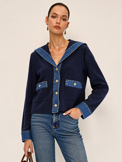 Anna Cropped Knit Jacket | Sailor Collar, Denim Trim Knit Jacket