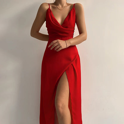 Dress for Women – Satin – Slim Fit – Deep Neckline – High Slit – Wrap Bodice – Floor Length