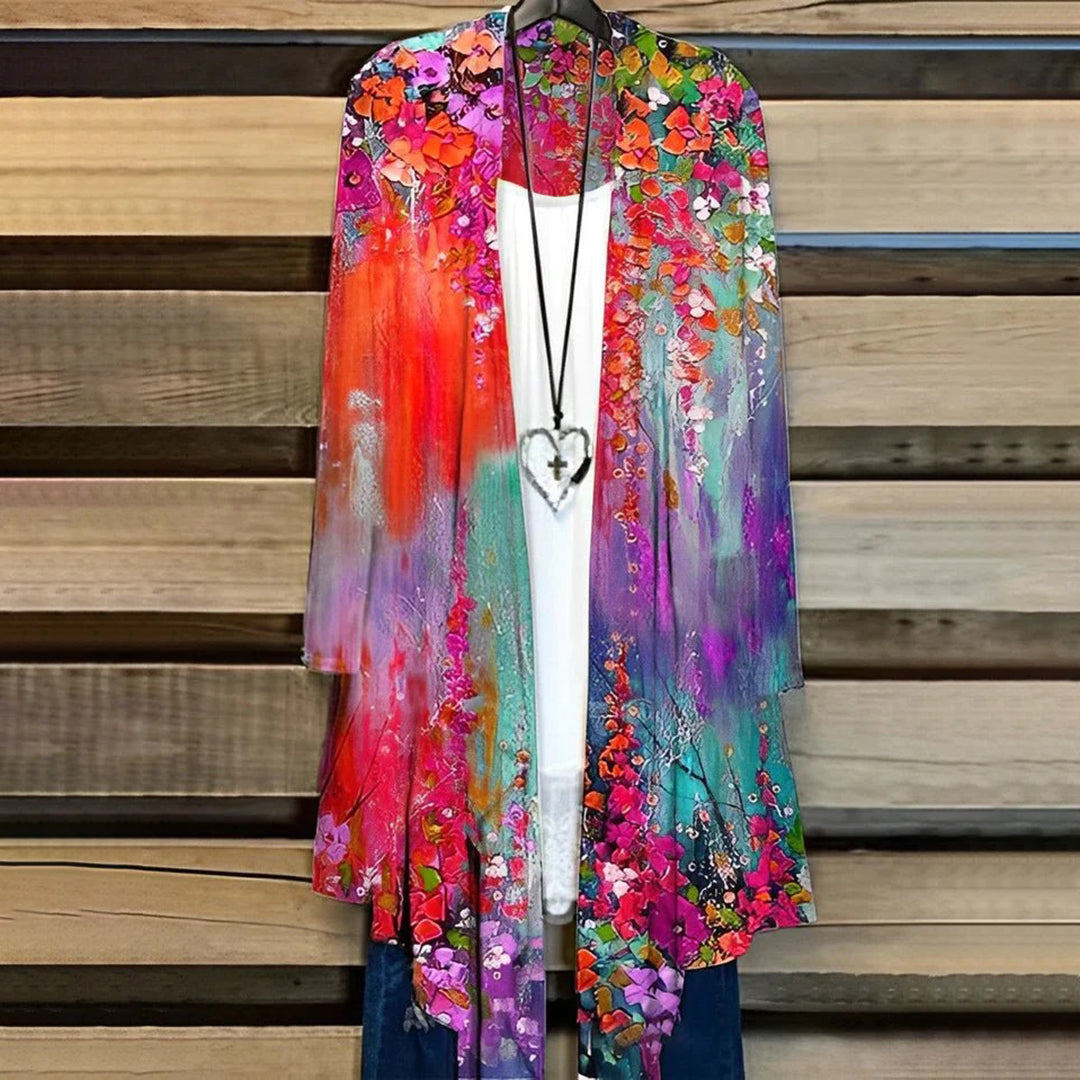 Dame Kimono-Cardigan – Åpen Front – Lett og Luftig – Blomstrete Mønster
