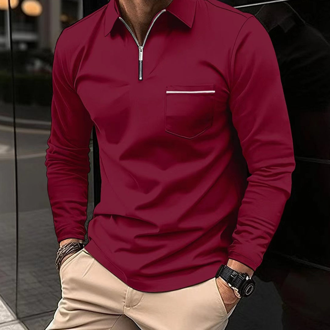 Men's Polo Shirt - Long Sleeve with Zipper Collar - Slim Fit - Chest Pocket