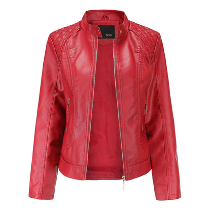 Women's Leather Jacket – Slim Fit – Quilted Shoulders – Stand Collar – Zipper Pockets