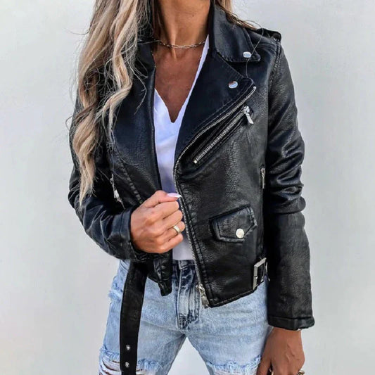 Women's Biker Jacket – Tailored Fit – Leather Look – Asymmetrical Zipper – Belt