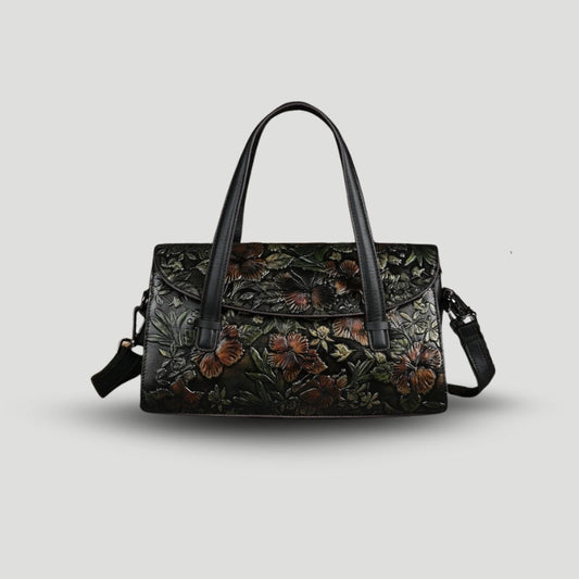 Women's Handbag - Leather with Embossed Floral Pattern - Classic Flap Design - Detachable Strap
