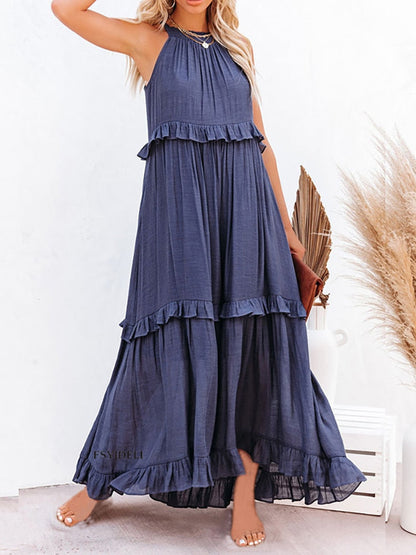 Dress for Women – Maxi Length – Halterneck – Ruffled Details – Natural Fibers