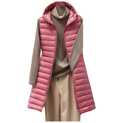 Dame Lang Puffer Vest - Vattert og Hette - Glidelåslukking - Komfortabel og Varm