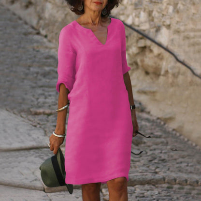 Women's Dress - Comfortable Fit - V-neck - 3/4 Sleeves - Versatile and Elegant