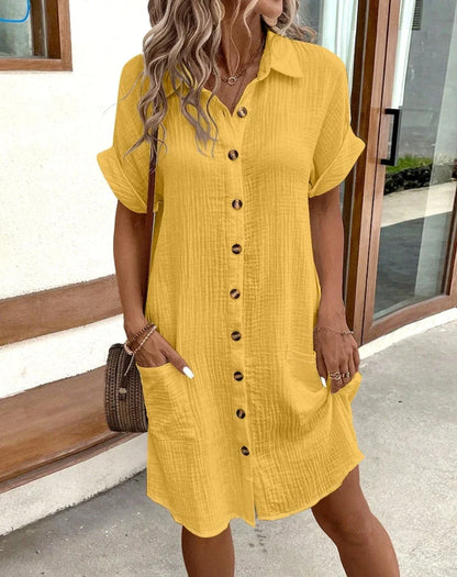 Women's Mini Dress – Natural Fibers – Relaxed Fit – V-neck – 3/4 Sleeves – Buttons – Pockets