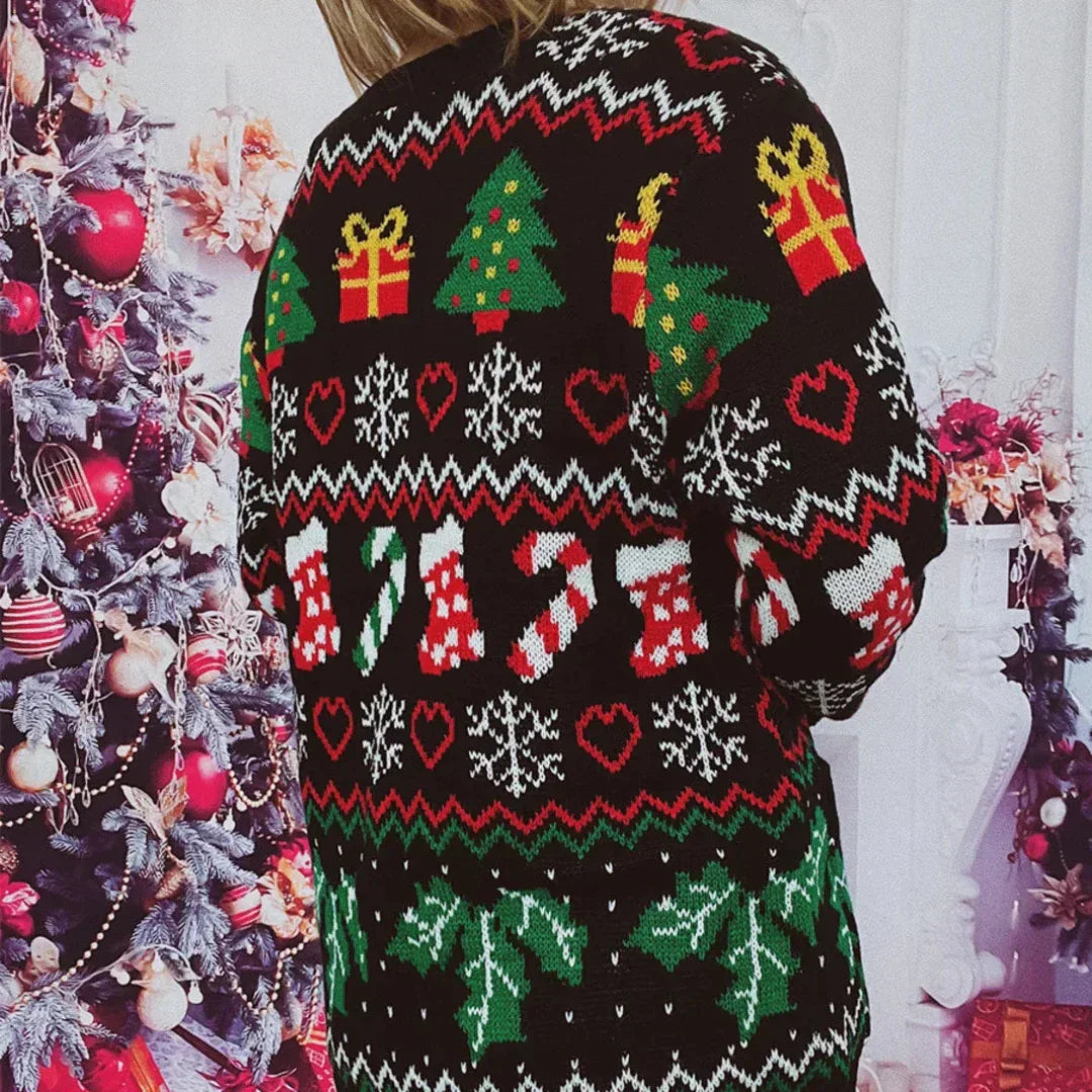 Dame Cardigan – Strikket V-hals – Knapper – Festlig Design med Julemotiver – Langermet