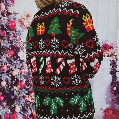 Dame Cardigan – Strikket V-hals – Knapper – Festlig Design med Julemotiver – Langermet