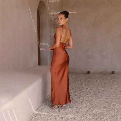 Dress for Women – Satin Maxi Dress – Tight Fit – Sleeveless with Draping
