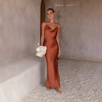 Dress for Women – Satin Maxi Dress – Tight Fit – Sleeveless with Draping