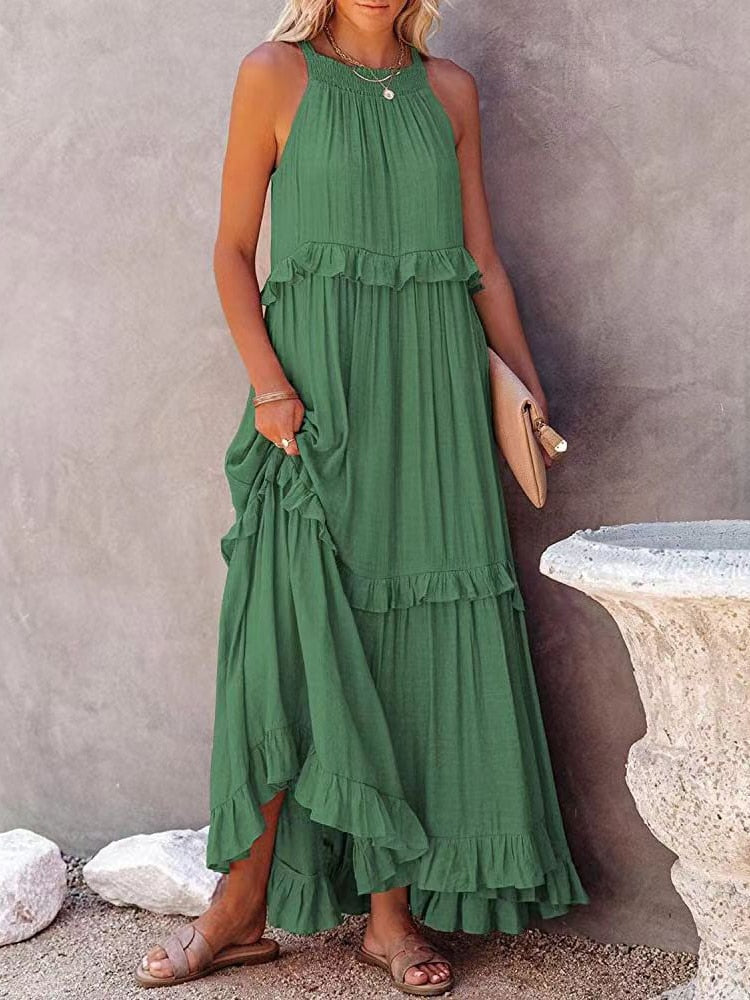 Dress for Women – Maxi Length – Halterneck – Ruffled Details – Natural Fibers