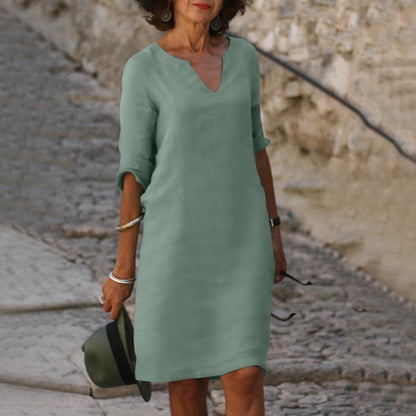 Women's Dress - Comfortable Fit - V-neck - 3/4 Sleeves - Versatile and Elegant