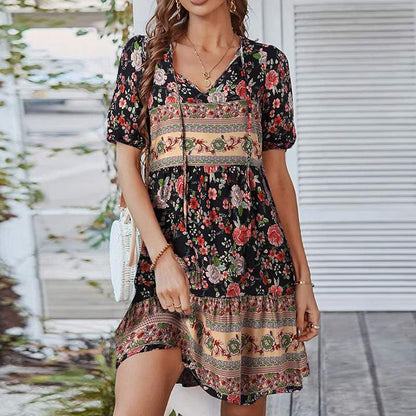 Women's Bohemian Dress - Short Sleeve - Loose Fit - V-neck - Floral & Paisley Pattern