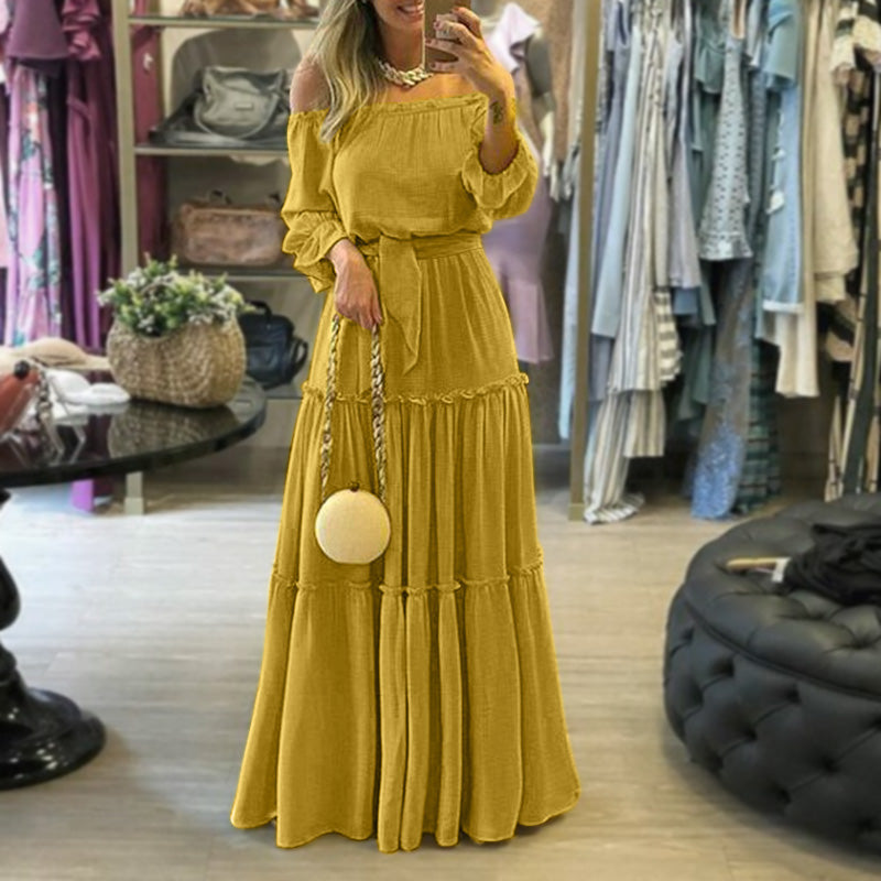 Women Maxi Dress - Off-Shoulder - Long Sleeves - Elastic Waist - Flowing Fit