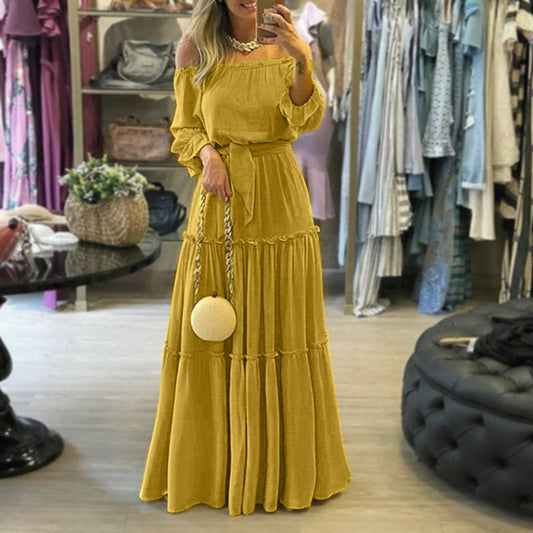 Women Maxi Dress - Off-Shoulder - Long Sleeves - Elastic Waist - Flowing Fit
