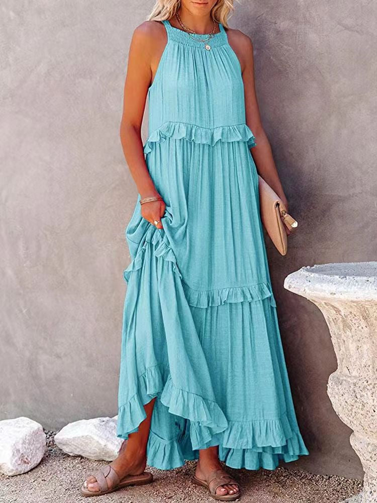 Dress for Women – Maxi Length – Halterneck – Ruffled Details – Natural Fibers