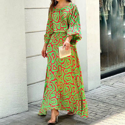 Women's Maxi Dress - Loose Fit - Round Neck - 3/4 Sleeves - Elegant Flowing Design