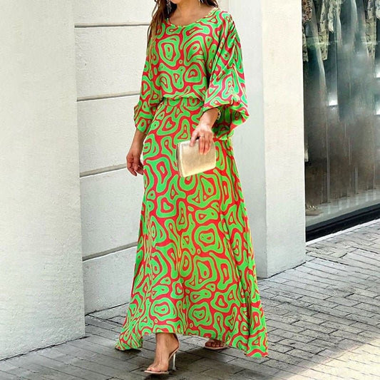 Women's Maxi Dress - Loose Fit - Round Neck - 3/4 Sleeves - Elegant Flowing Design