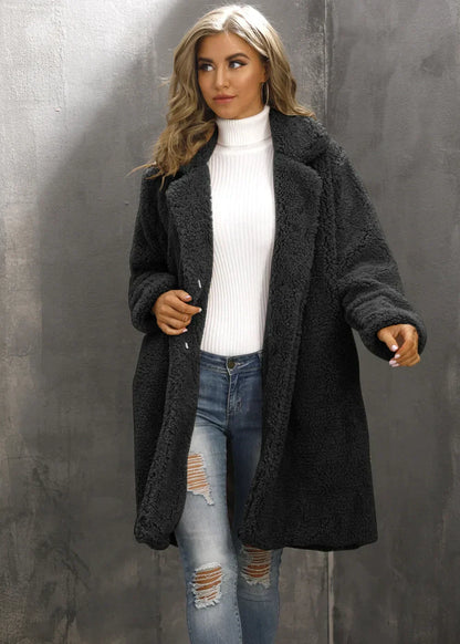 Women's Teddy Coat - Soft Faux Fur - Oversized Fit - Knee Length with Collar