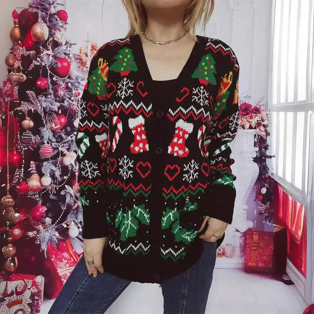 Dame Cardigan – Strikket V-hals – Knapper – Festlig Design med Julemotiver – Langermet
