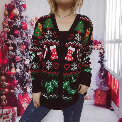 Dame Cardigan – Strikket V-hals – Knapper – Festlig Design med Julemotiver – Langermet