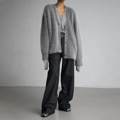 Women's Cardigan - Soft Mohair Blend - Oversized Fit - Open Front with Buttons