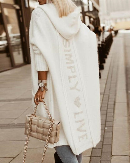 Women's Long Coat – Hood – Loose Fit – Knitted Wool – Graphic Back Detail