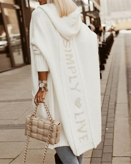Women's Long Coat – Hood – Loose Fit – Knitted Wool – Graphic Back Detail
