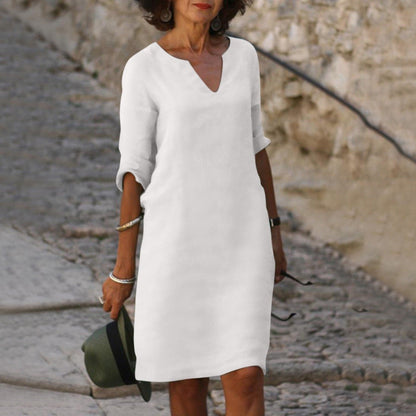Women's Dress - Comfortable Fit - V-neck - 3/4 Sleeves - Versatile and Elegant